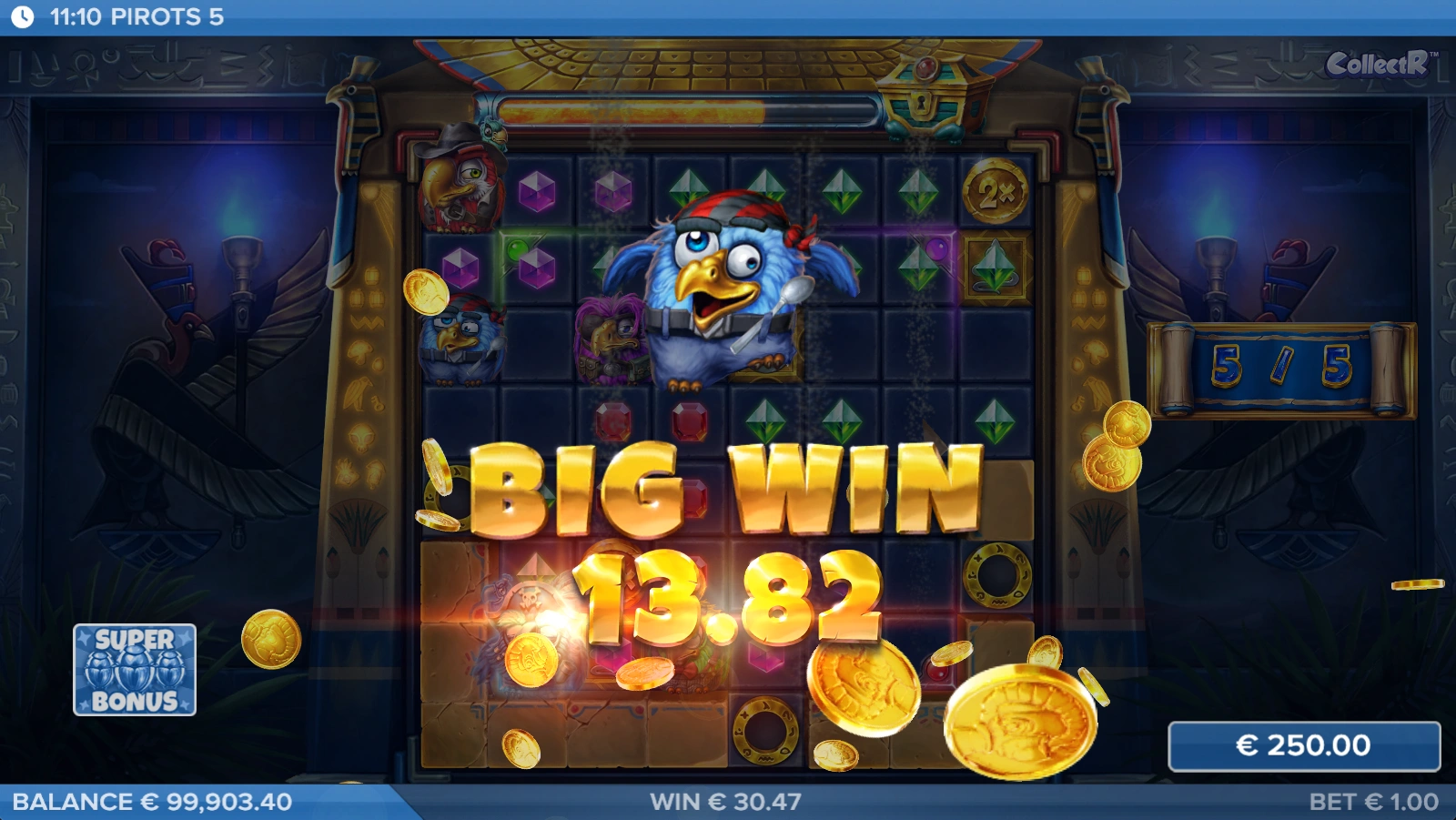 Big Win scherm in Pirots 5 met vallende gouden munten en een gewonnen bedrag tijdens het spel.