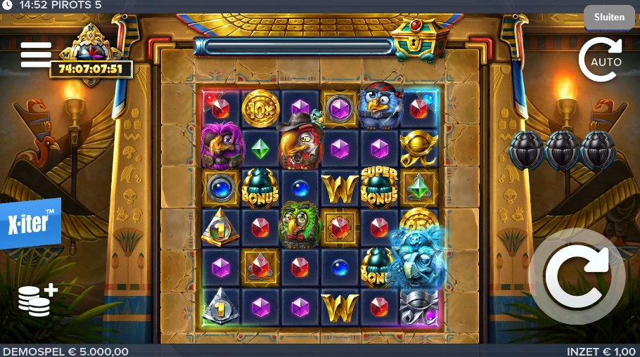 Pirots 5 demo preview met het 6x6 grid en de vier piraat-vogels