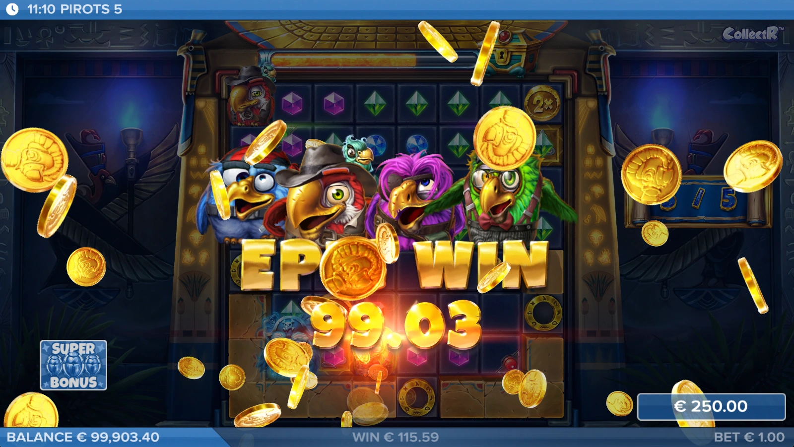 Epic Win animatie in Pirots 5 met vogelpersonages, gouden munten en een hoge uitbetaling.