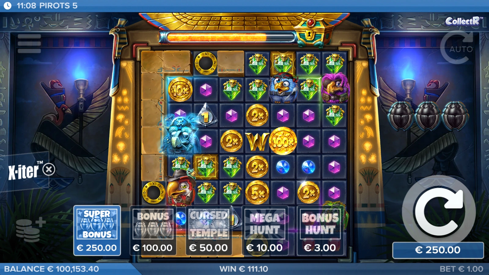 Speelscherm van Pirots 5 met bonusopties, multipliers en verschillende spelmodi.