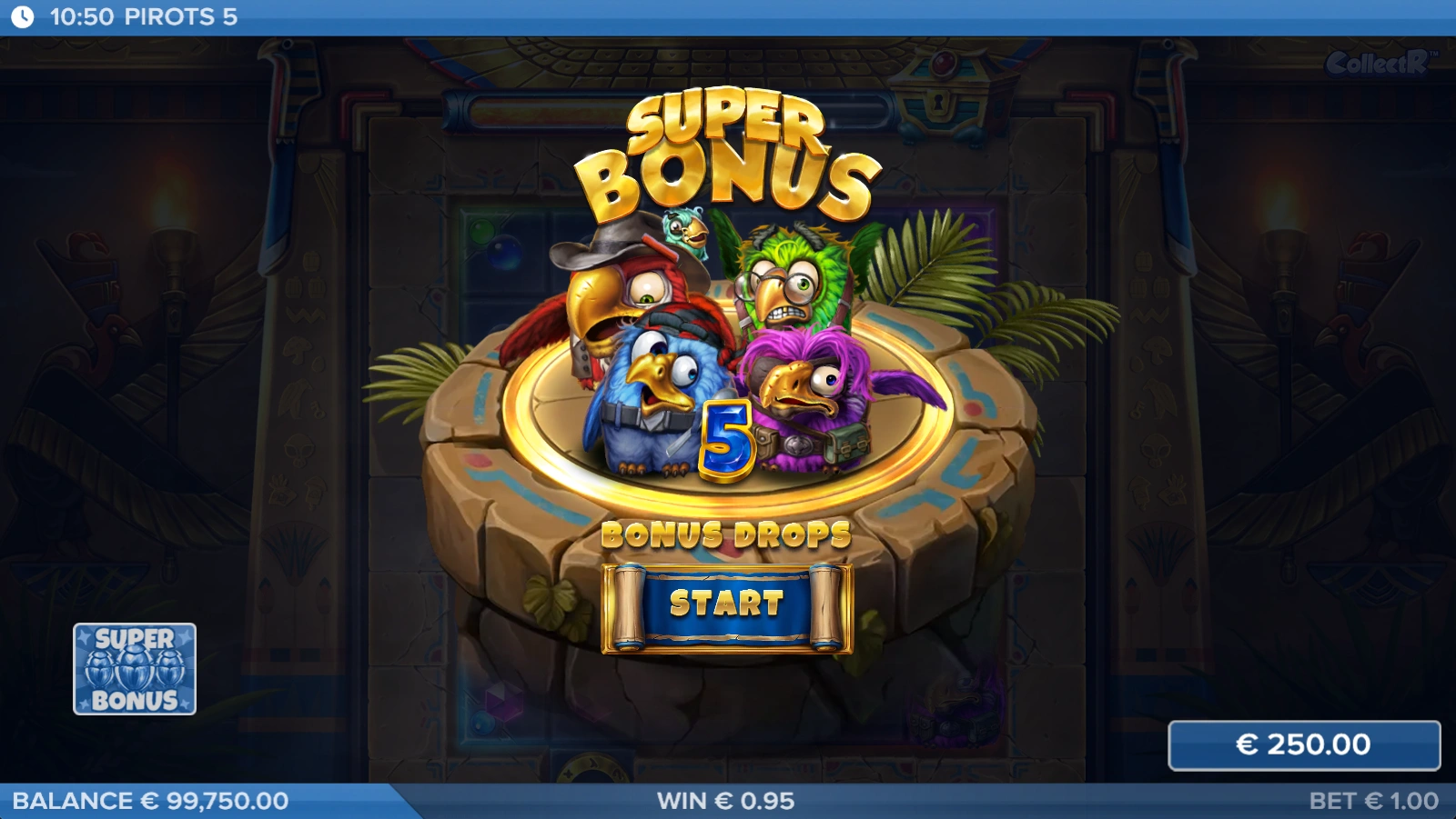 Super Bonus functie in Pirots 5 waarbij vijf bonussymbolen een speciale bonusronde activeren.