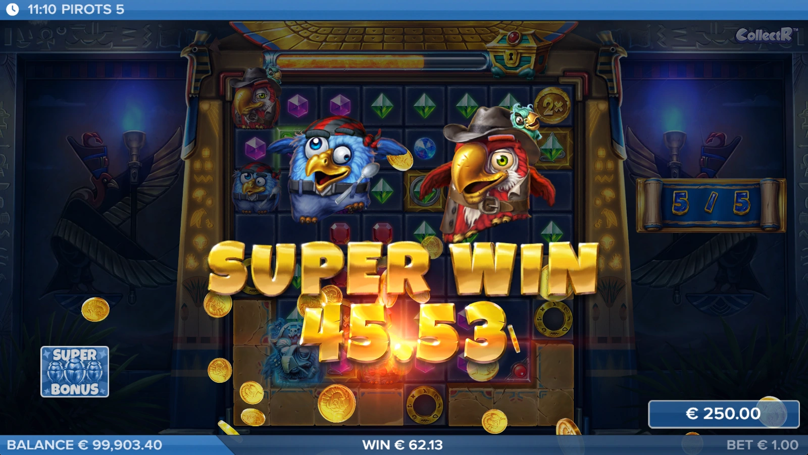 Super Win scherm in Pirots 5 met vogelpersonages en een grote uitbetaling tijdens het spel.