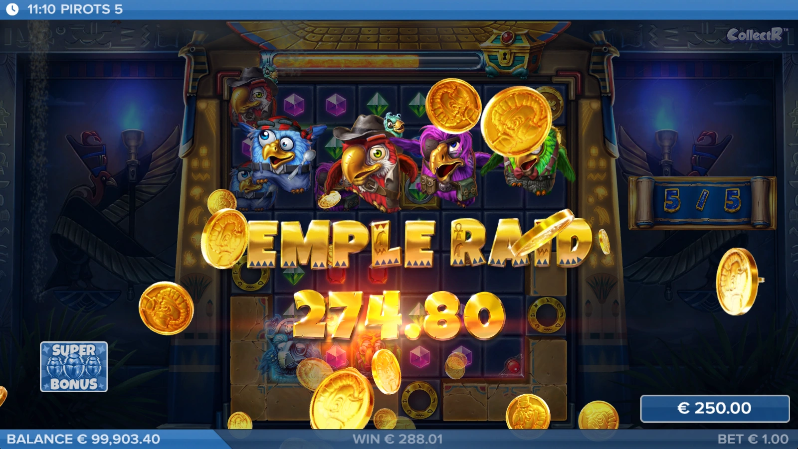 Temple Raid winst in Pirots 5 met gouden munten, vogelpersonages en een hoge beloning.